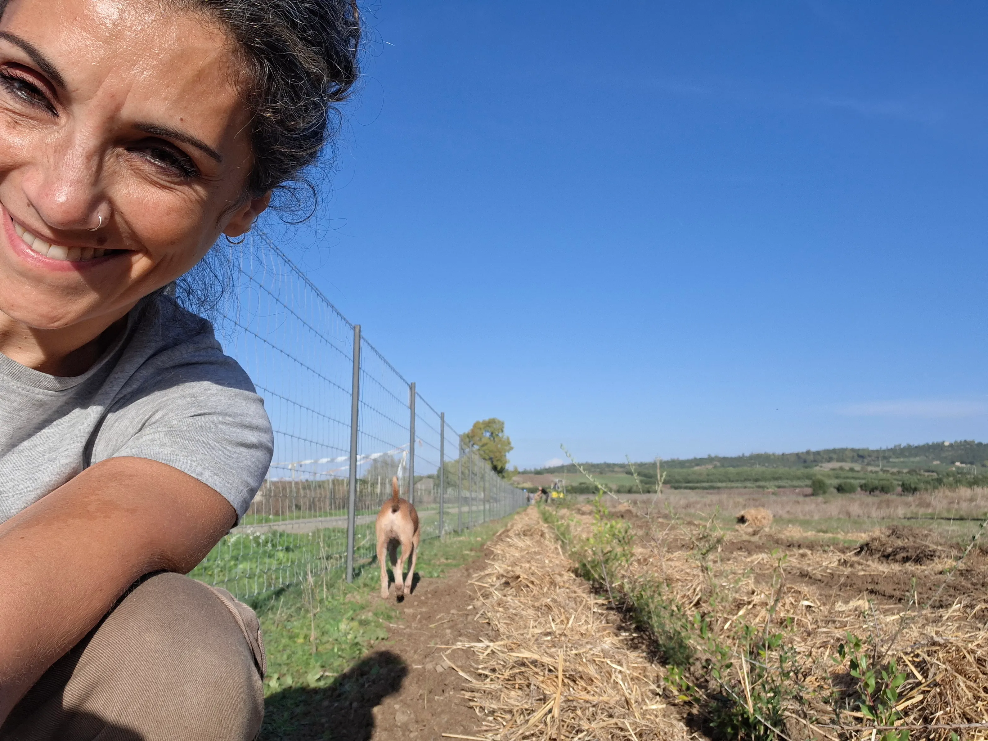 Dunia Basciu standing in a regenerated field at Net Zero Farming under a wide Sardinian sky.